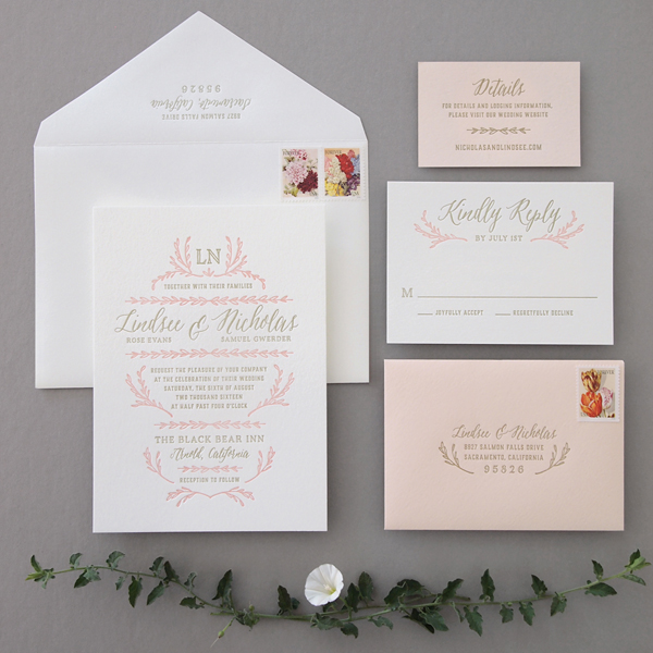 Blush & Gold Letterpress Wedding Invitations